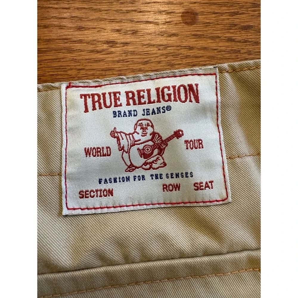 True Religion Mens Khaki Cargo Pants Tan Wide Leg Y2K Horseshoe Logo Size 28